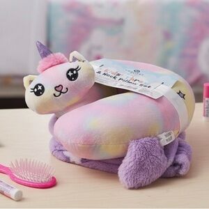 Kids Unicorn Cat Neck Pillow & Throw Blanket Set Rainbow Plush Travel Pillow NWT